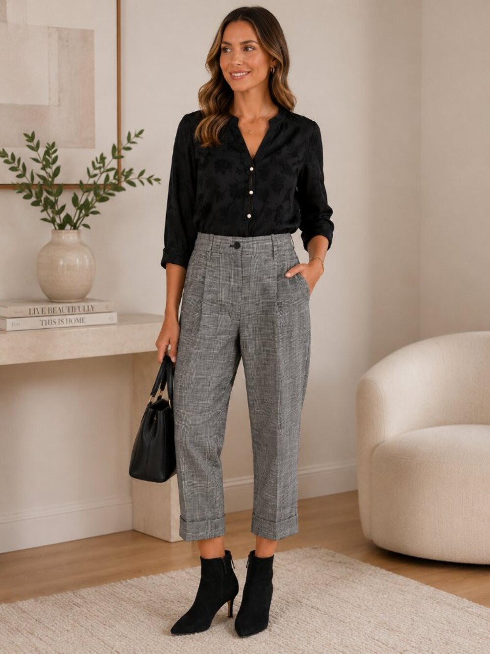 Aritizia Wilfred Women's Cropped Houndstooth Cuffed Pleated Trouser Sz 4